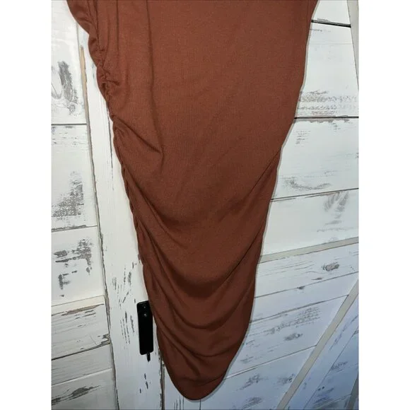 Michael Stars Gia Rib Knit Mock Neck Ruched Mid Legnth Dress M Cap Sleeve Rust - Picture 5 of 11